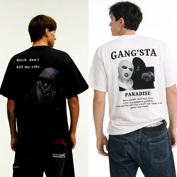 White_French_Terry_Cotton_Gangsta_Paradise_Front_And_Back_Oversized_&_Black_French_Terry_Cotton_Don_T_Kill_My_Vibe_Streetwear_Back_Oversized__T-Shirt_For_Men_(Combo_Of_2)