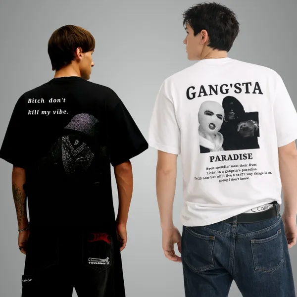 White_French_Terry_Cotton_Gangsta_Paradise_Front_And_Back_Oversized_&_Black_French_Terry_Cotton_Don_T_Kill_My_Vibe_Streetwear_Back_Oversized__T-Shirt_For_Men_(Combo_Of_2)