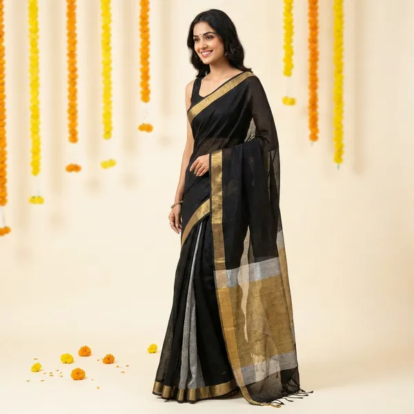 Grey_And_Black_Linen_Blended_Saree_For_Women