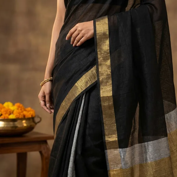 Grey_And_Black_Linen_Blended_Saree_For_Women