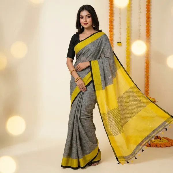 Grey_And_Yellow_Linen_Blended_Saree_For_Women
