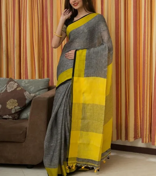 Grey_And_Yellow_Linen_Blended_Saree_For_Women