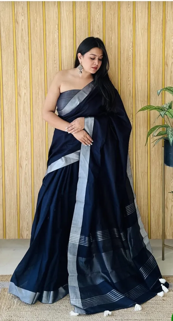 Navyu_Blue_Linen_Cotton_Saree_For_Women