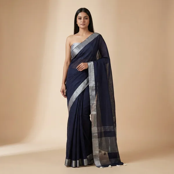 Navyu_Blue_Linen_Cotton_Saree_For_Women