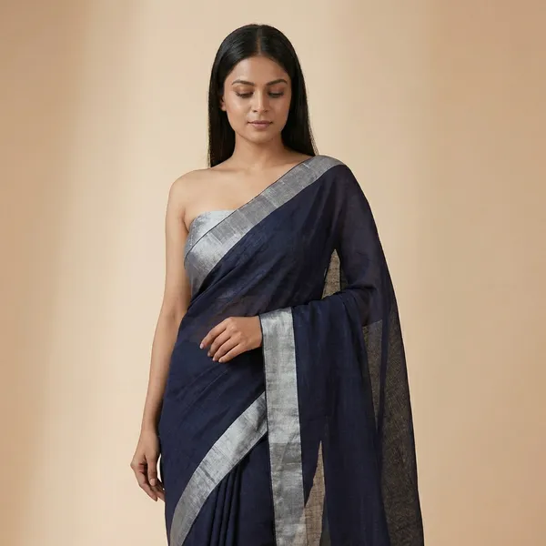 Navyu_Blue_Linen_Cotton_Saree_For_Women