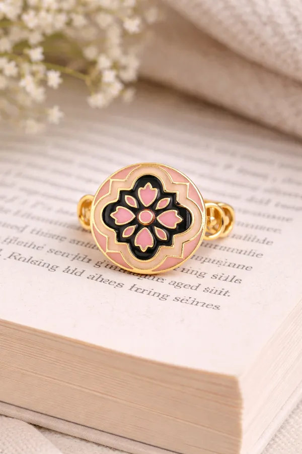 Pink_Floral_Enamel_Gold-Toned_Adjustable_Ring