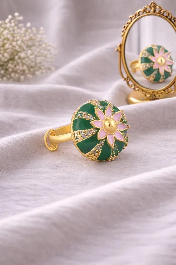 Green_Enamel_and_Pink_Flower_Ring_with_Gold_Detailing