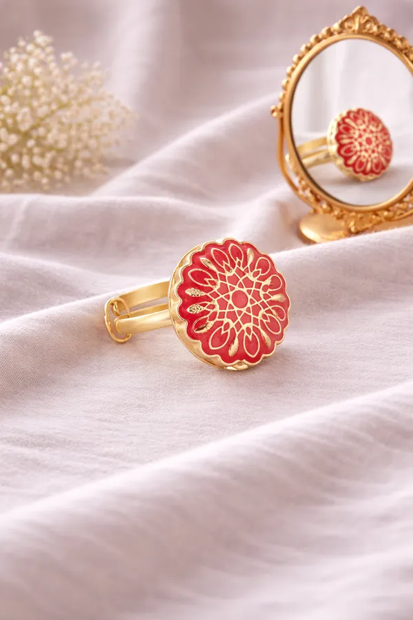 Pink_Floral_Enamel_Gold-Toned_Adjustable_Ring