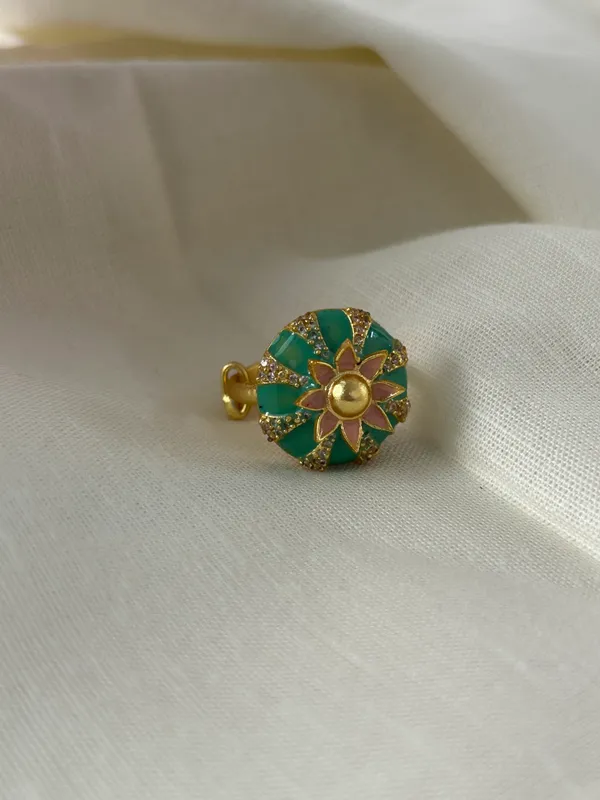 Green_Enamel_and_Pink_Flower_Ring_with_Gold_Detailing