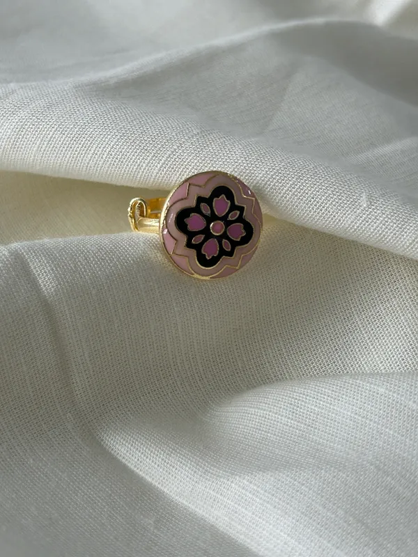 Pink_Floral_Enamel_Gold-Toned_Adjustable_Ring
