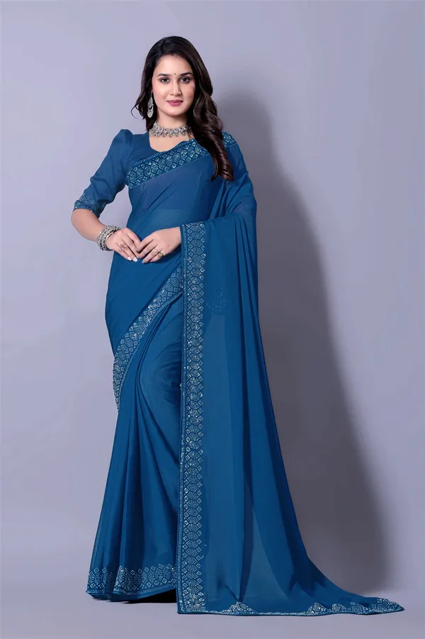 Blue_Georgette_Saree_with_Embroidered_Border_and_Blouse_For_Women