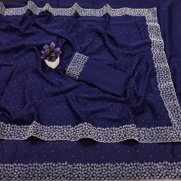 Navy_Blue_Georgette_Saree_with_Silver_Embellished_Border_and_Blouse_For_Women