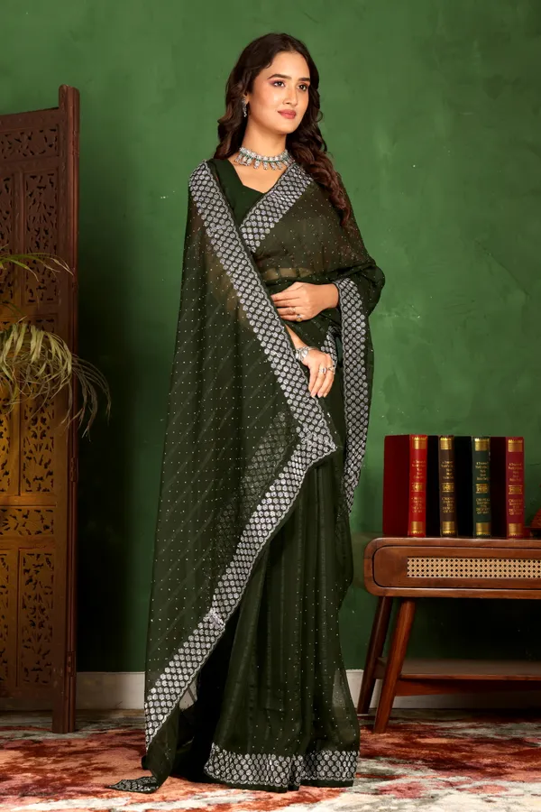 Dark_Green_Embellished_Georgette_Saree_with_Contrast_Border_For_Women