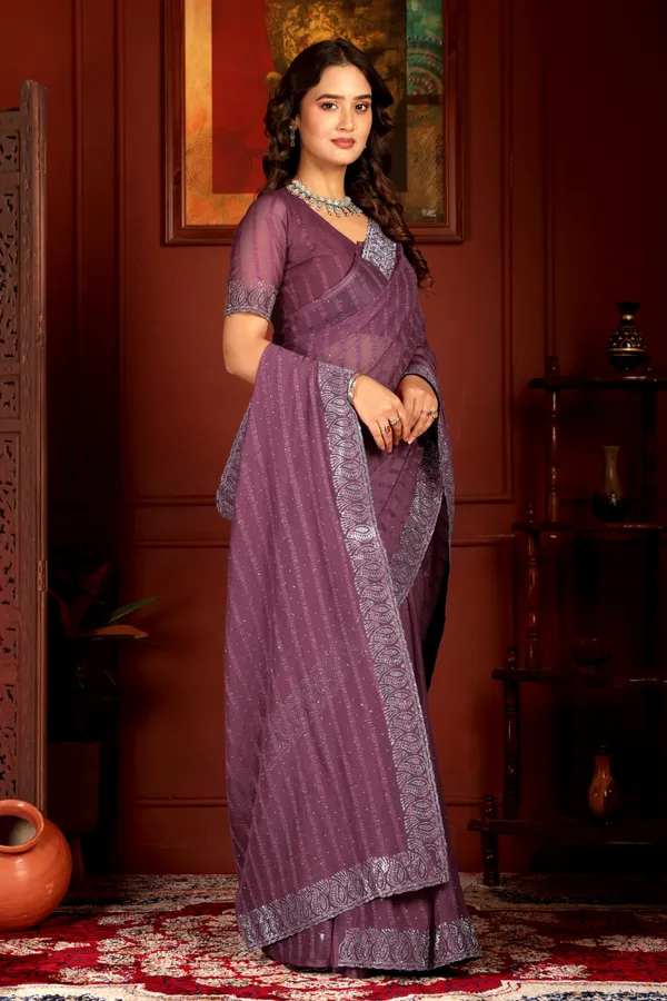 Purple_Elegant__Embroidered_Saree_with_Silver_Border_For_Women