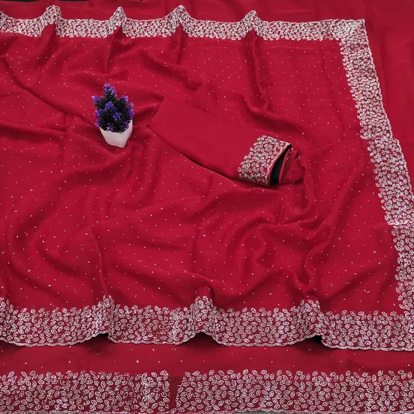 Red_Georgette_Saree_with_Embroidered_Border_and_Blouse_Piece_For_Women