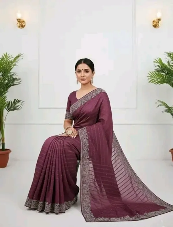 Maroon_Elegant_Embellished_Saree_with_Silver_Border_and_Blouse_For_Women