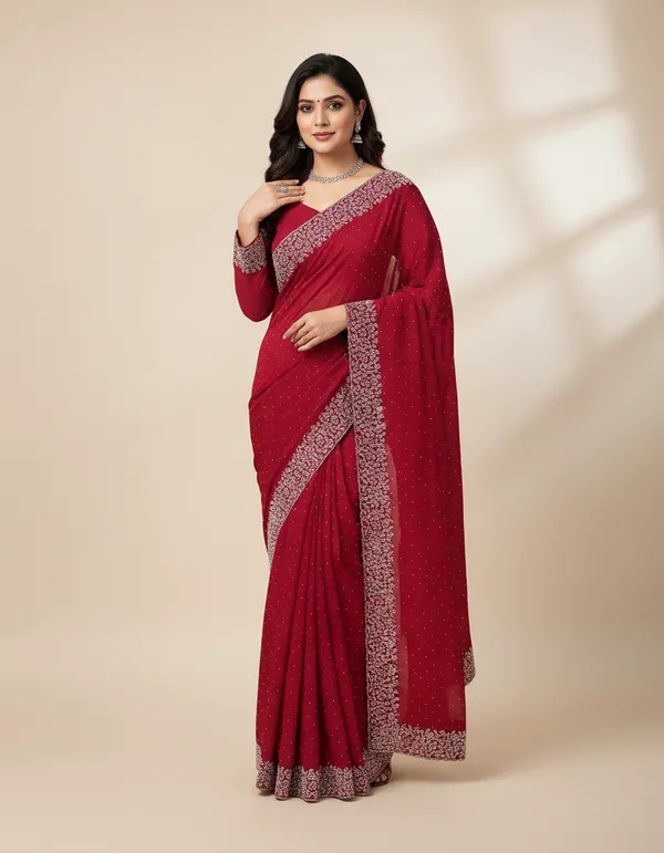 Red_Georgette_Saree_with_Embroidered_Border_and_Blouse_Piece_For_Women