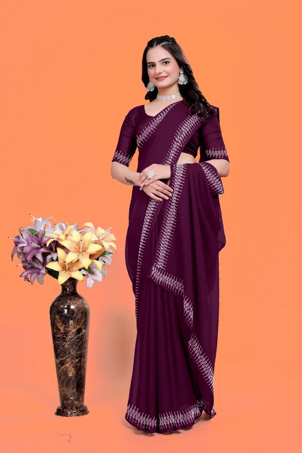 Maroon_Georgette_Saree_with_Silver_Border_and_Embroidered_Blouse_For_Women