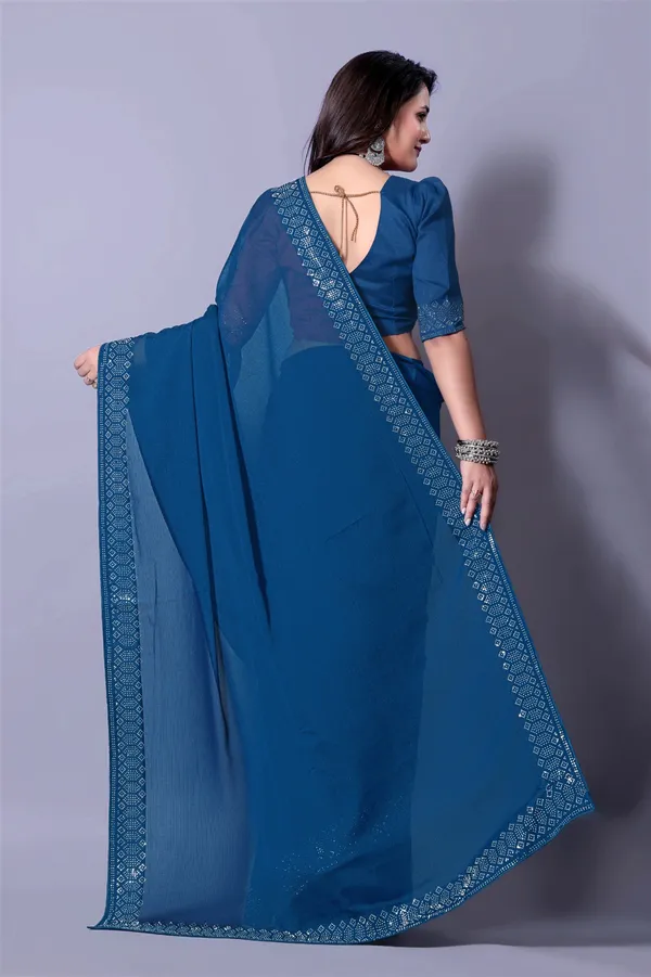 Blue_Georgette_Saree_with_Embroidered_Border_and_Blouse_For_Women