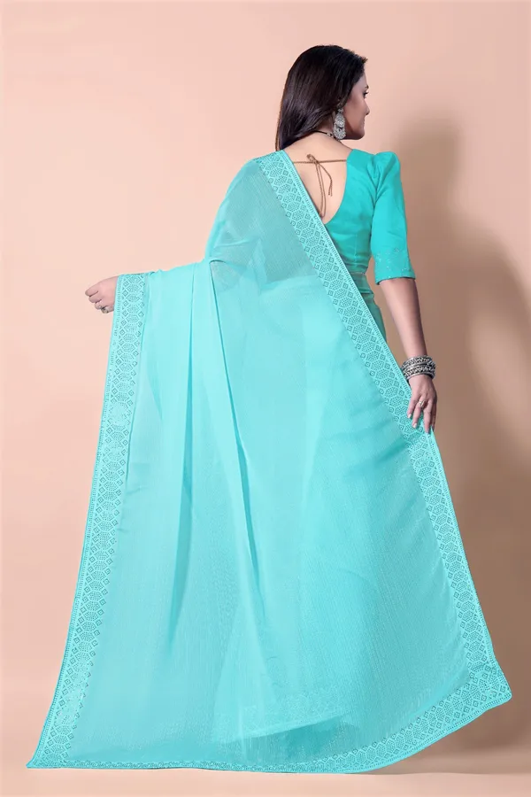Turquoise_Blue_Georgette_Saree_with_Embellished_Border_and_Blouse_For_Women