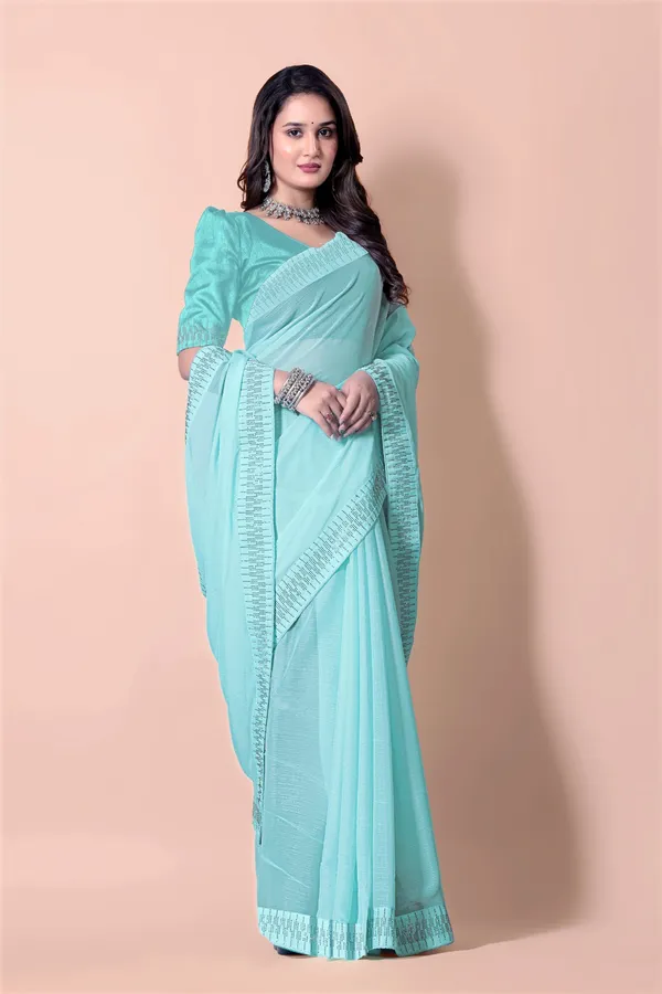 Turquoise_Blue_Embellished_Saree_with_Blouse_For_Women