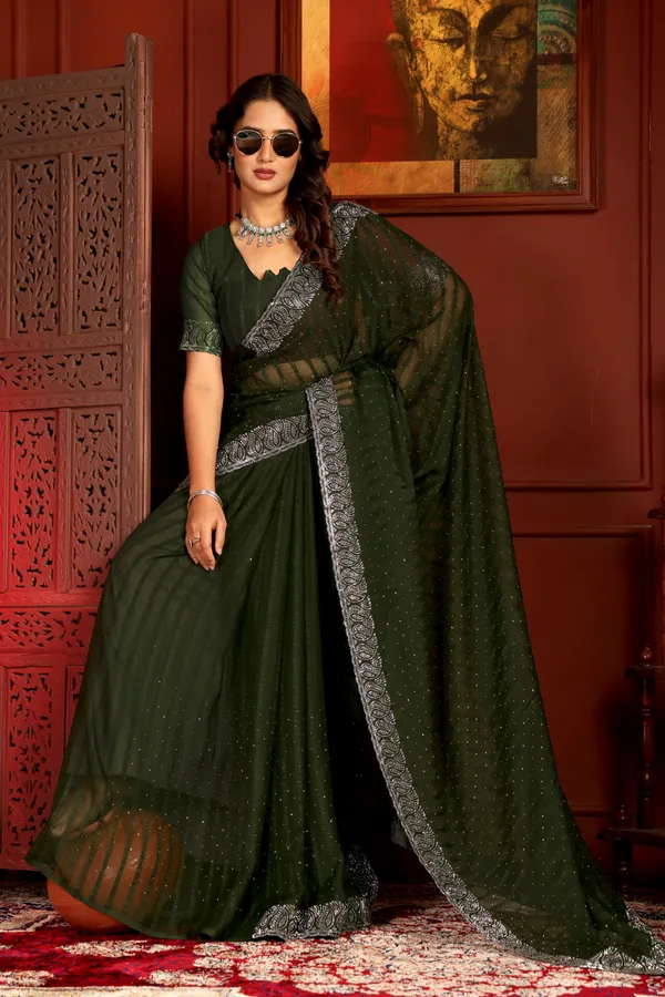 Dark_Green_Embellished_Saree_with_Silver_Border_and_Matching_Blouse_For_Women