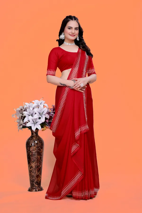 Red_Georgette_Saree_with_Silver_Embellished_Border_For_Women