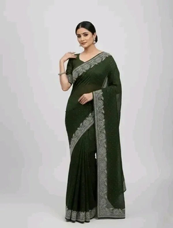 Dark_Green_Elegant_Saree_with_Silver_Embroidered_Border_and_Blouse_For_Women