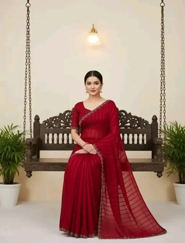 Red_Georgette_Saree_with_Embellished_Border_and_Blouse_For_Women
