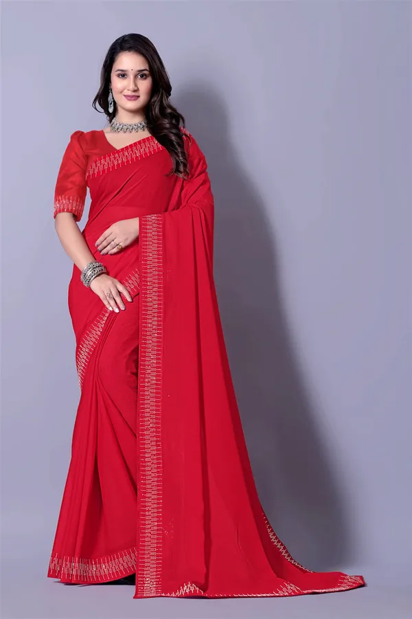 Red_Stone_Embellished_Saree_with_Red_Blouse_For_Women