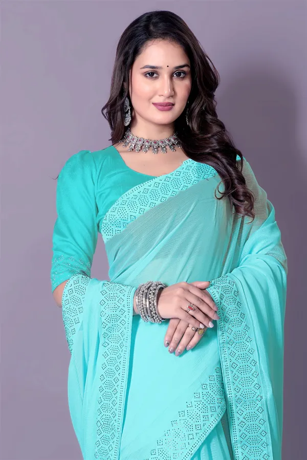 Turquoise_Blue_Georgette_Saree_with_Sequin_Border_and_Embroidered_Blouse_For_Women