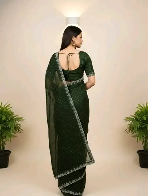Dark_Green_Embellished_Saree_with_Silver_Border_and_Matching_Blouse_For_Women