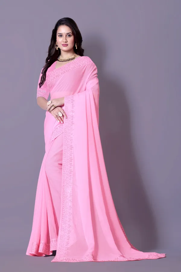 Pink_Georgette_Saree_with_Embroidered_Border_and_Blouse_For_Women