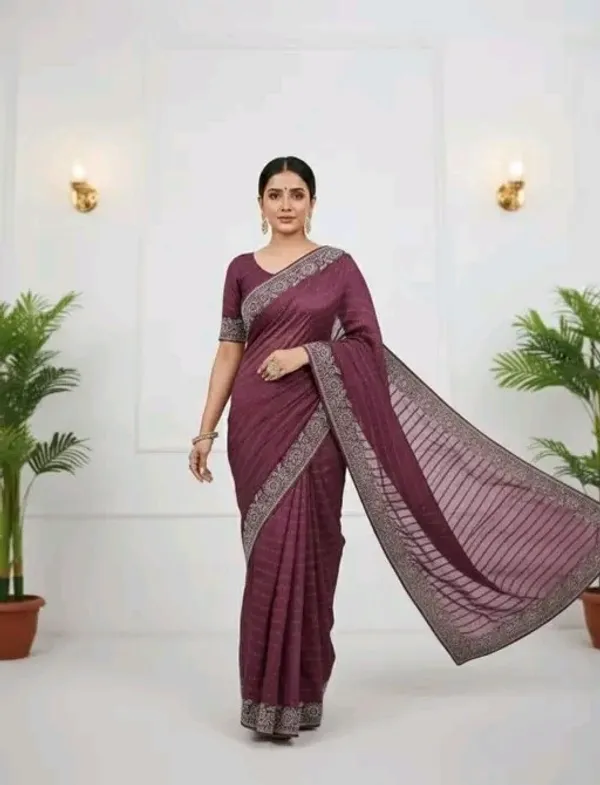 Maroon_Elegant_Embellished_Saree_with_Silver_Border_and_Blouse_For_Women