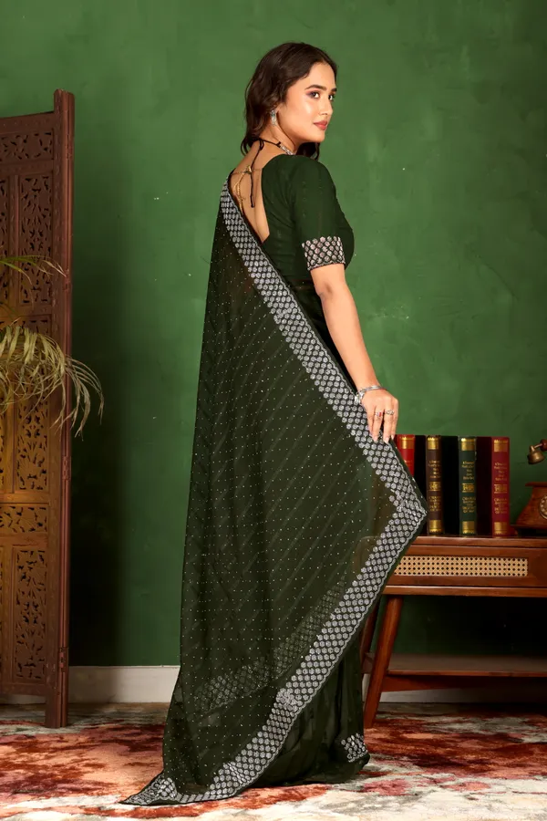 Dark_Green_Embellished_Georgette_Saree_with_Contrast_Border_For_Women