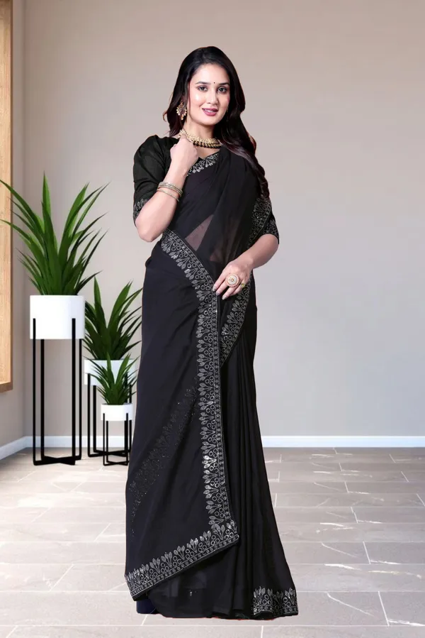 Black_Georgette_Saree_with_Embroidered_Border_and_Blouse_For_Women