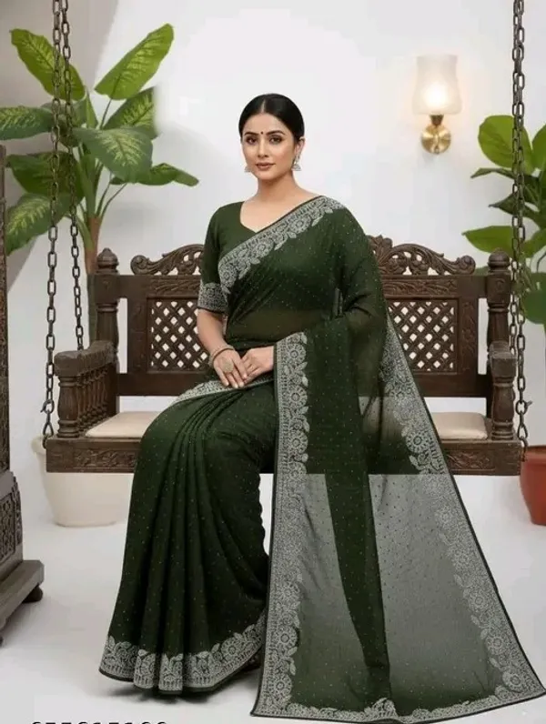 Dark_Green_Elegant_Saree_with_Silver_Embroidered_Border_and_Blouse_For_Women