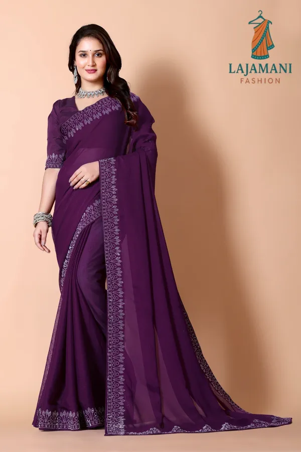 Purple_Georgette_Saree_with_Embroidered_Border_and_Blouse_For_Women