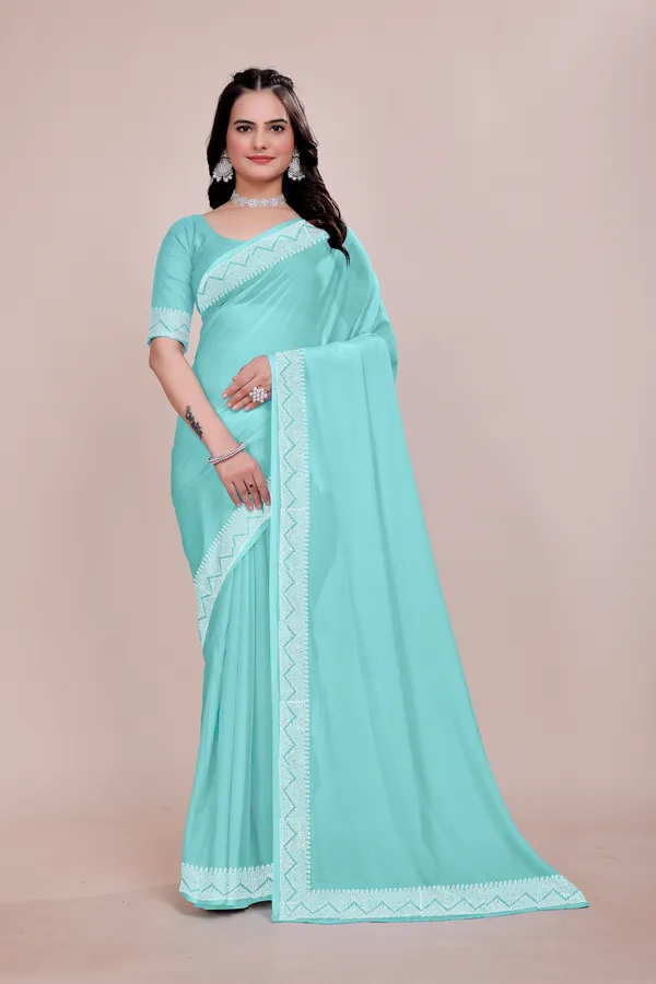 Mint_Green_Saree_with_White_Lace_Border_and_Matching_Blouse_For_Women