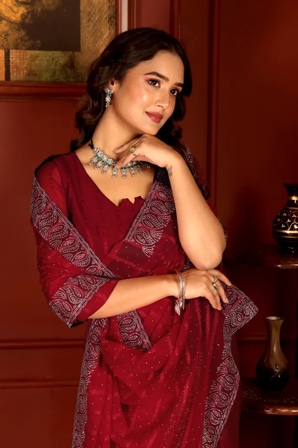 Red_Sequin_Embellished_Georgette_Saree_with_Embroidered_Border_and_Blouse_For_Women