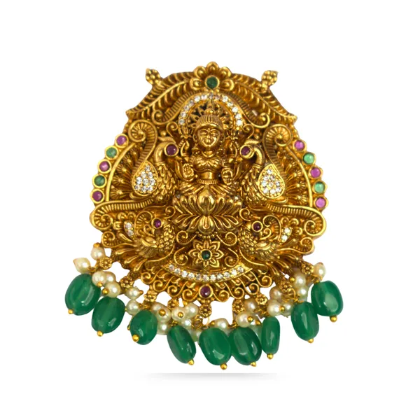 Udbhava_Traditional_Nakshi_Lakshmi_Pendant_with_Green_Drops_–_Temple_Jewellery_Design