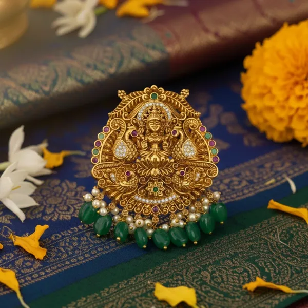 Udbhava_Traditional_Nakshi_Lakshmi_Pendant_with_Green_Drops_–_Temple_Jewellery_Design