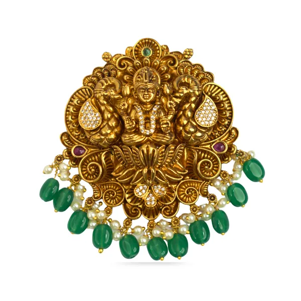 Udbhava_Traditional_Nakshi_Lakshmi_Pendant_with_Green_Bead_&_Pearl_Drops_–_Temple_Jewellery
