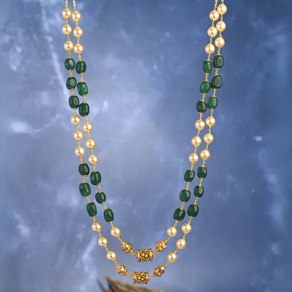 Green_Beads_&_Pearl_Two-Layer_Necklace_–_Kattu_Theega_Karigari