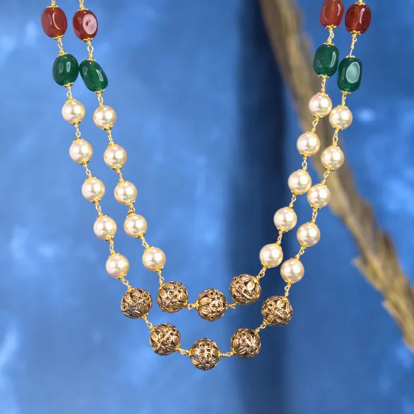 Multi-Colour_Beads_&_Pearl_Two-Layer_Necklace_–_Kattu_Theega_Karigari