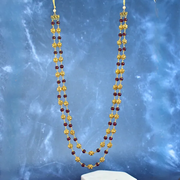 Maroon_Beads_&_Gold-Tone_Two-Layer_Necklace_–_Kattu_Theega_Karigari