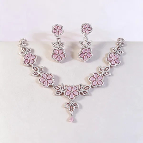 Silver_Alloy_Floral_Necklace_And_Earrings_Set_For_Women