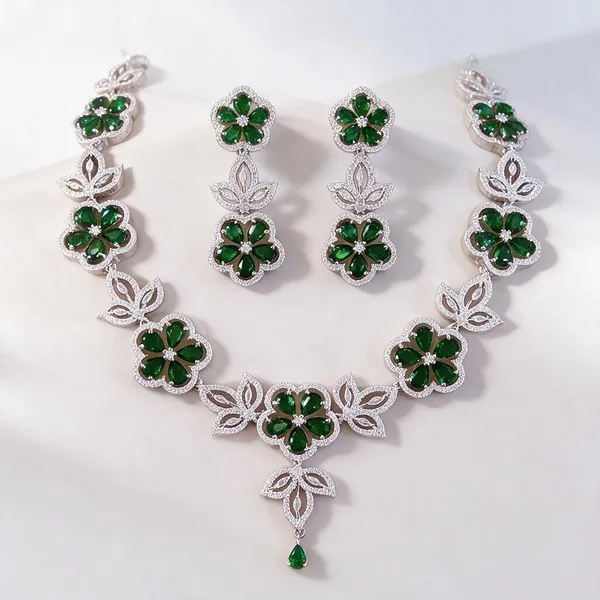 Green_Alloy_Floral_Necklace_And_Earring_Set_For_Women