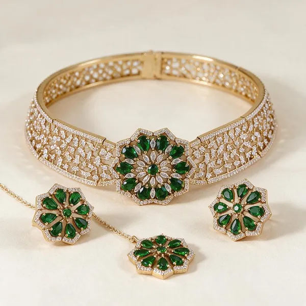Green_Gold_Floral_Alloy_Necklace_Set_For_Women