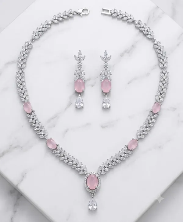 Silver_And_Pink_Alloy_Stone_Necklace_Set_For_Women
